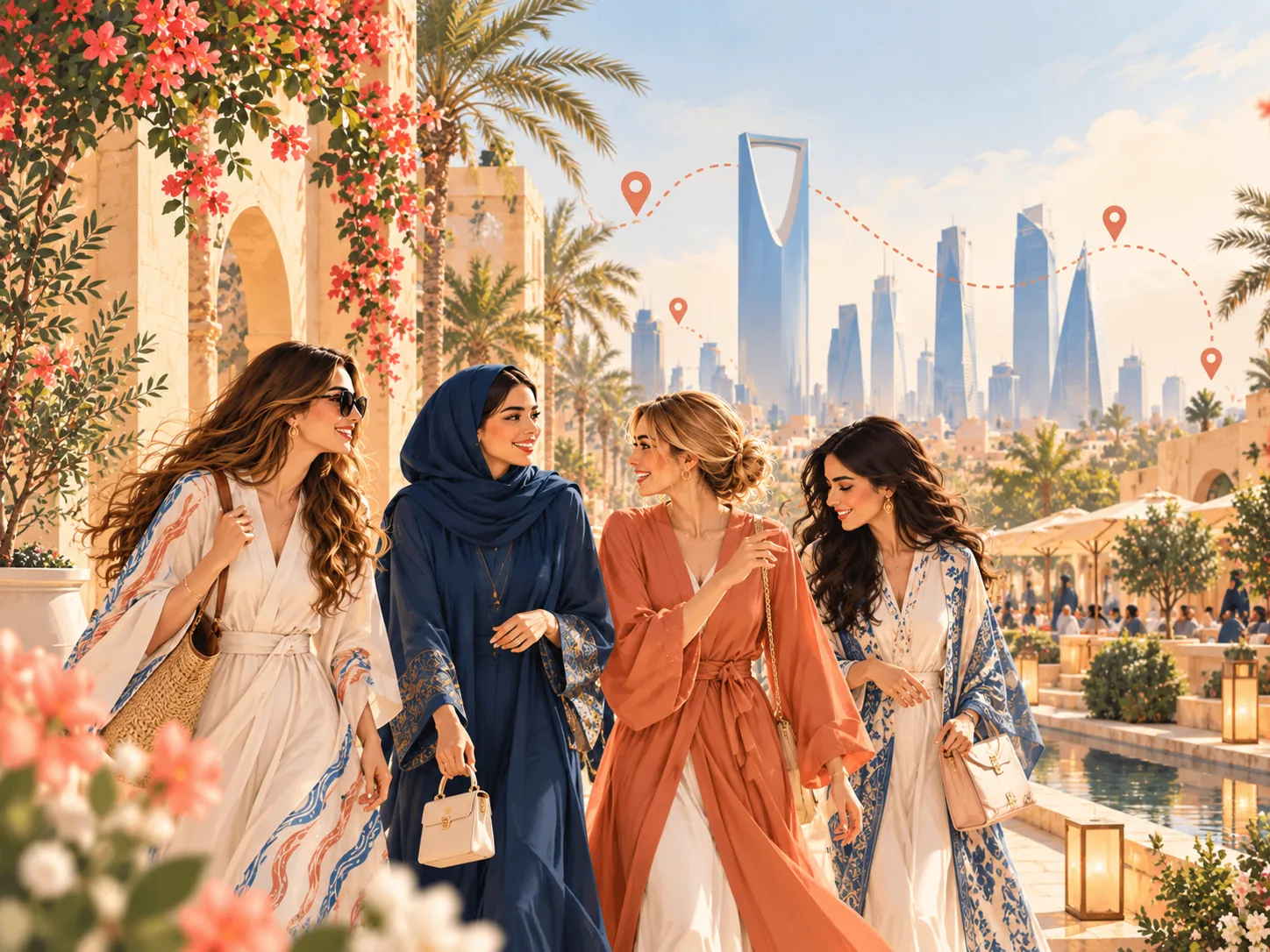Illustration of women exploring Riyadh together