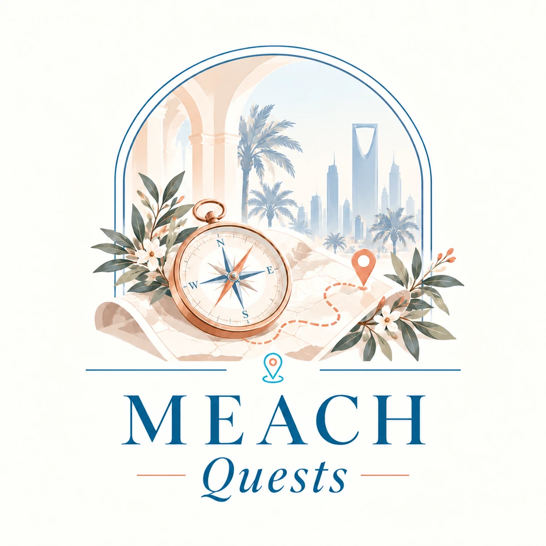 MEACH Quests — map, compass and Riyadh skyline
