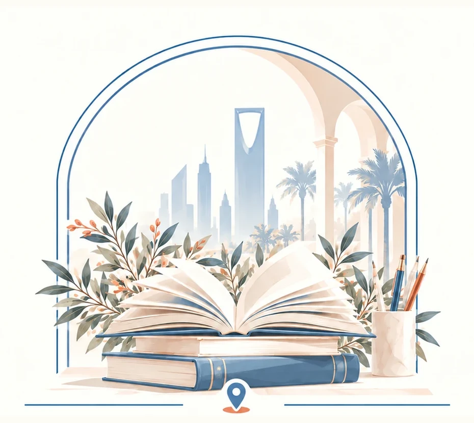 MEACH illustrated arch, open schoolbooks and Riyadh skyline; this is editorial artwork rather than a photograph of Kids Gardens Preschool