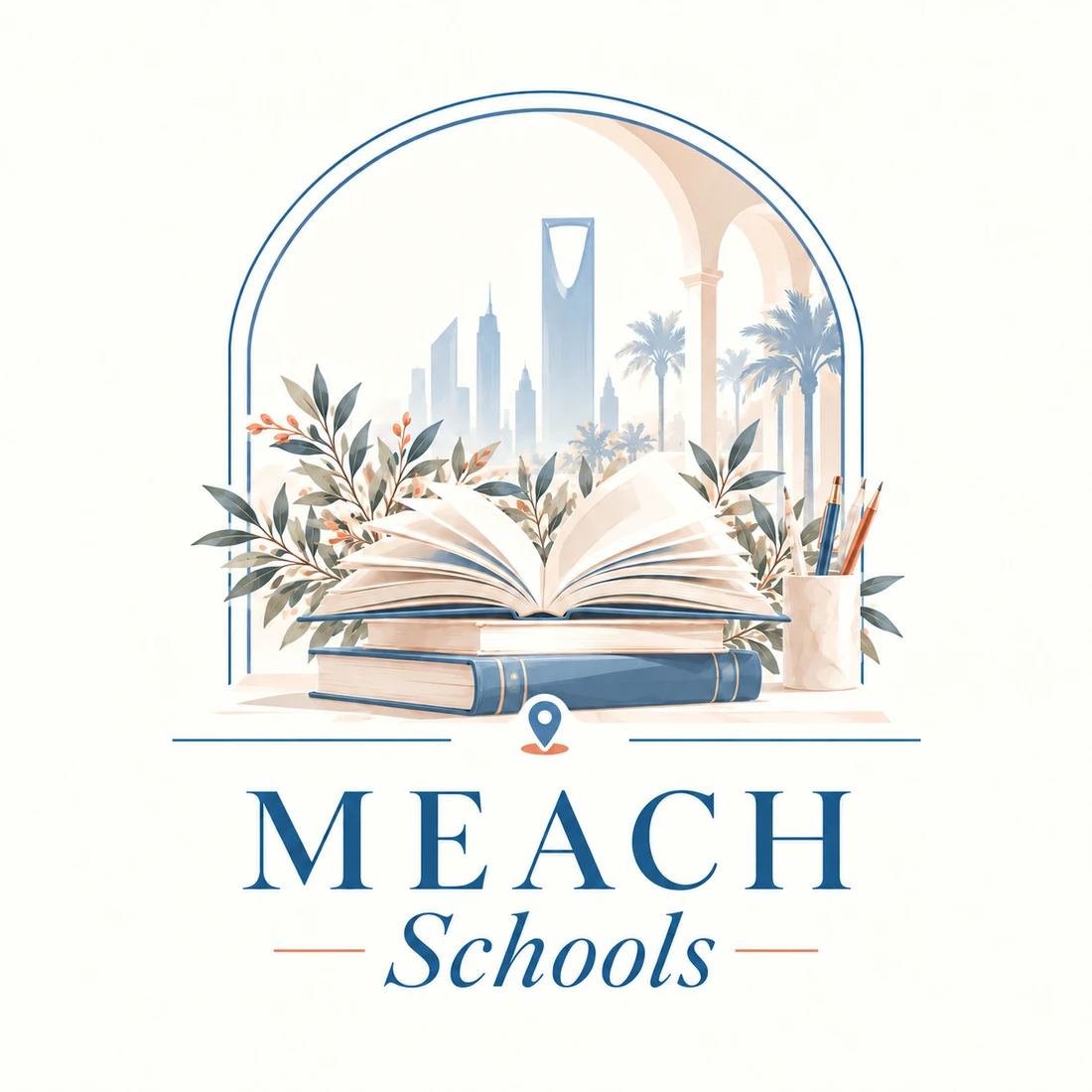 MEACH Schools — illustrated open books and Riyadh skyline