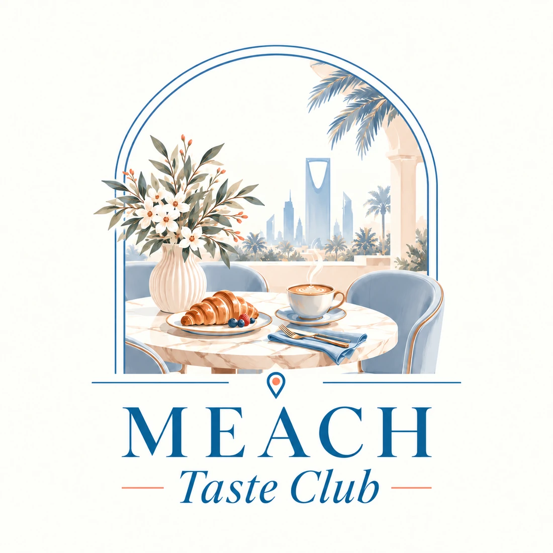 MEACH Taste Club — emblem with coffee, pastries and Riyadh skyline
