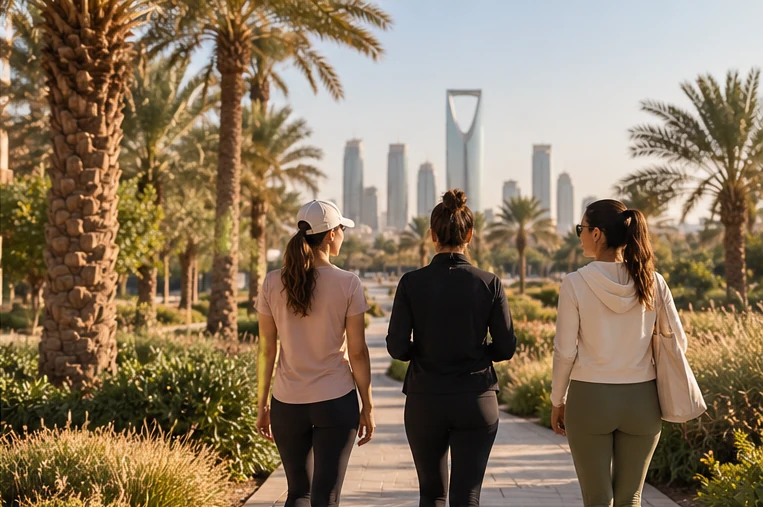 Illustrative scene of women enjoying an outdoor walk on a palm-lined path in Riyadh